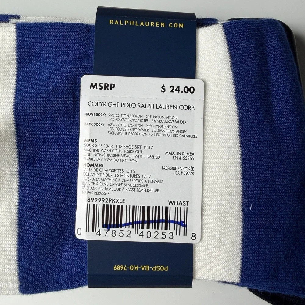 Polo Ralph Lauren Men's Sock 2 Pairs Bear and White with Blue Stripe Size 13-16